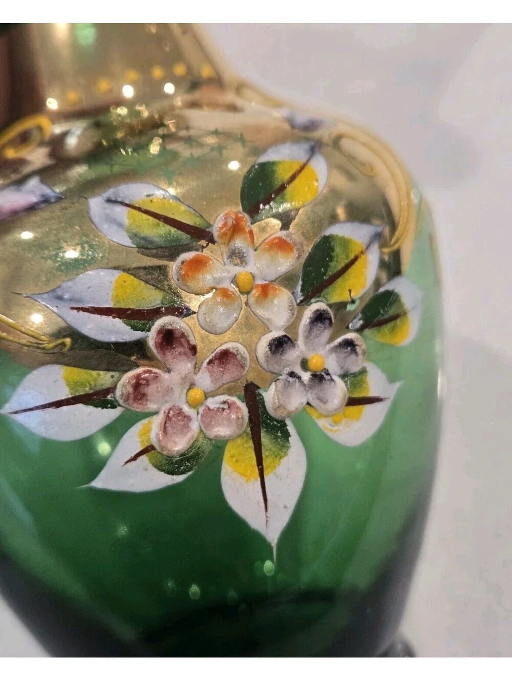 VTG MCM Venetian Glass Vase Green Gold Gilt Hand Painted Flowers Bud Vase